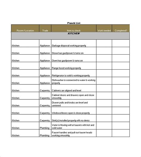 punch list template   sample  format