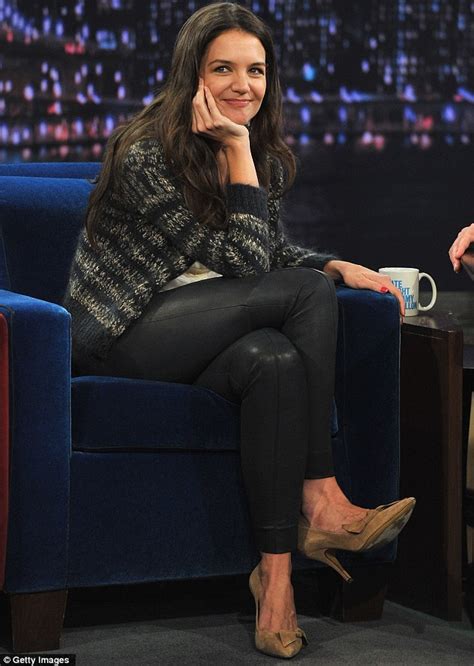 katie holmes teams sexy leather trousers with granny style cardigan for late night with jimmy