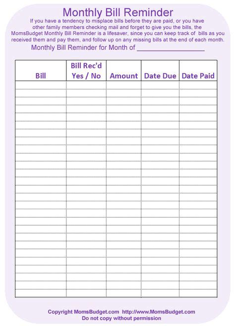 printable blank charts monthly bills worksheet