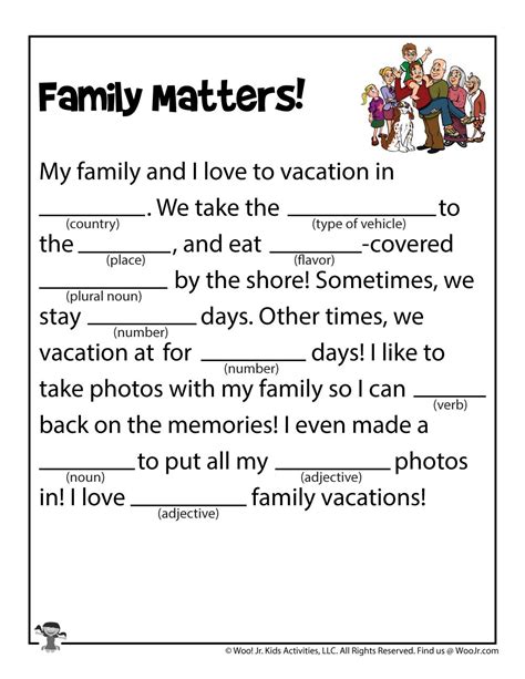 printable family funny fill  stories woo jr kids activities childrens publishing