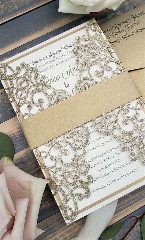 gold glitter laser cut wedding invitations elegant winter wedding