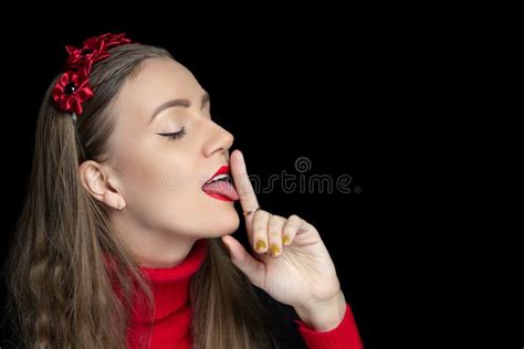 Beautiful Girl Sexually Licks Her Long Finger Stock Image Image Of