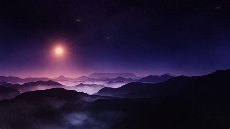 nature landscape midnight sun mountain starry night mist