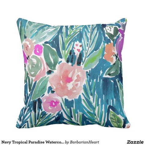 Navy Tropical Paradise Watercolor Floral Throw Pillow