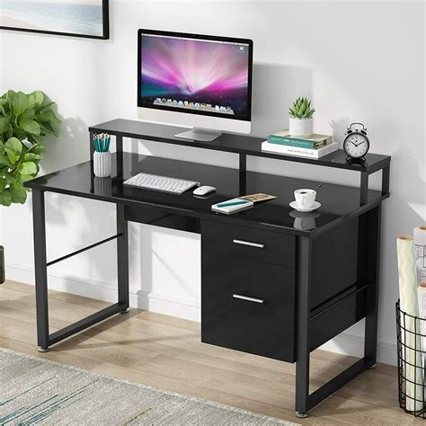 tribesigns  inches computer desk  hutch modern writing desk   drawers storage pc