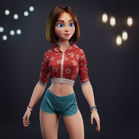 An Animated Doll Wearing Shorts And A Red Shirt With Flowers On Its Chest