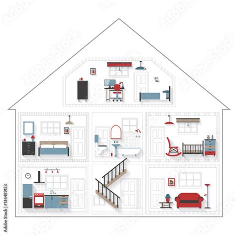sketch cutaway residential house  furniture  color rooms  detailed include