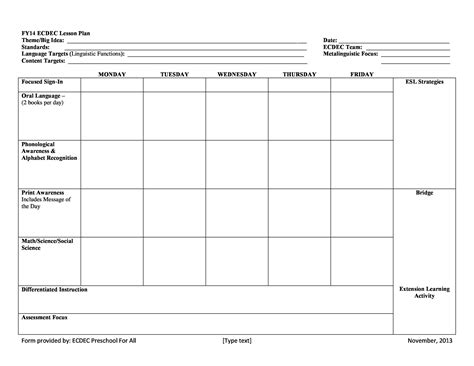 preschool  printable lesson plan template printable templates