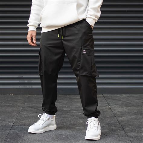 mens cargo pocket oversize jogger jeans  text detail  elastic hem  black