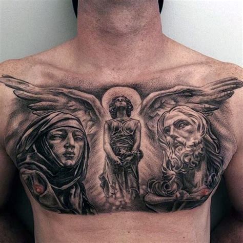 Religious Style Chest Tattoo Of Angel And Old People Tattooimages Biz