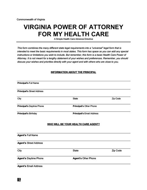 printable medical power  attorney form virginia printable word
