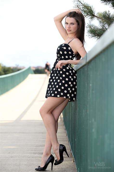 brunette in polka dot dress serena wood shows nude downblouse and up skirt