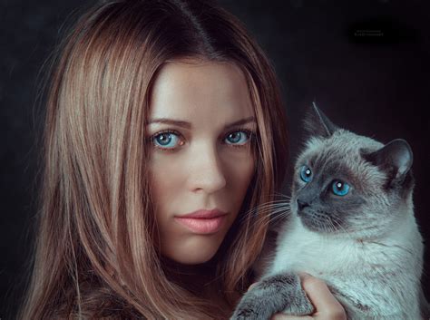 Women Model Face Portrait Cat Brunette Blue Eyes Wallpaper