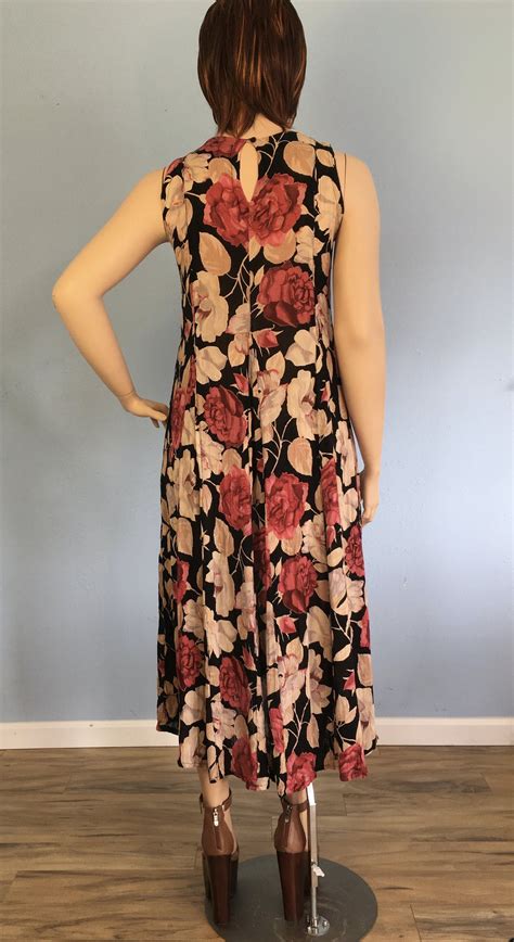 80’s 90 S Muted Floral Print Black Gauze Sleeveless Dress By Nostalgia