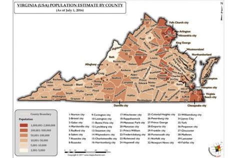 Buy Printed Virginia Population Estimate By County 2016 Map