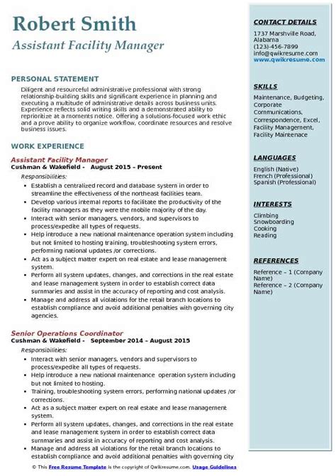 assistant facility manager resume samples qwikresume