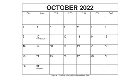 printable october  calendar templates  holidays wiki calendar
