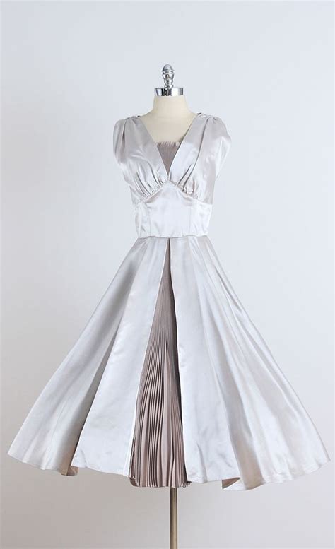 1950s Silver Satin Pleated Party Dress