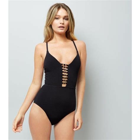 New Look Black Plunge Lattice Front Swimsuit 33 Liked On Polyvore