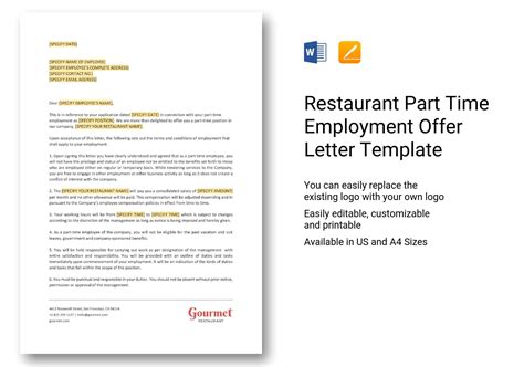 restaurant part time employment offer letter template  word apple pages