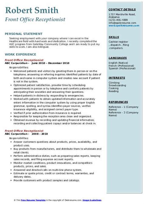 front office receptionist resume samples qwikresume