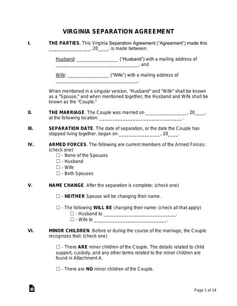 virginia separation agreement template  word eforms