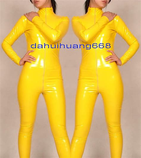 2020 yellow shiny pvc suit catsuit costumes unisex shiny yellow pvc
