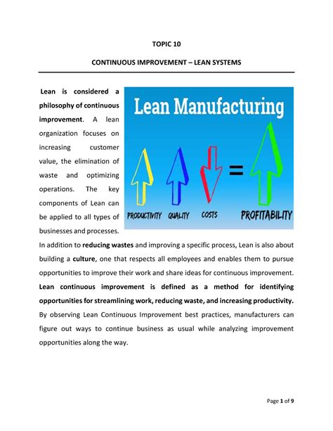 Topic 10 Continuous Improvement Lean Systems Topic 10 Continuous