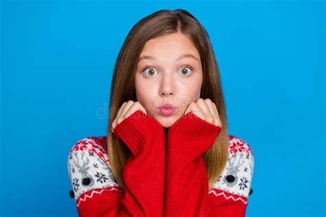 Photo Of Pretty Cute Lovely Teenager Lady Wear Red Ugly Sweater Hand