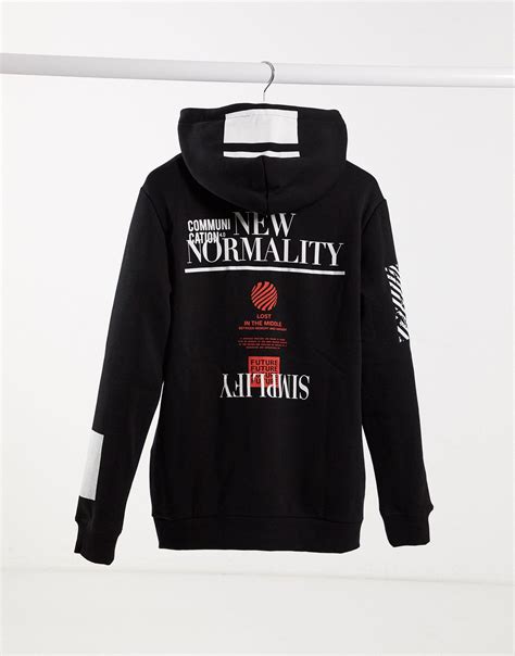 bershka placement print hoodie  black  men lyst