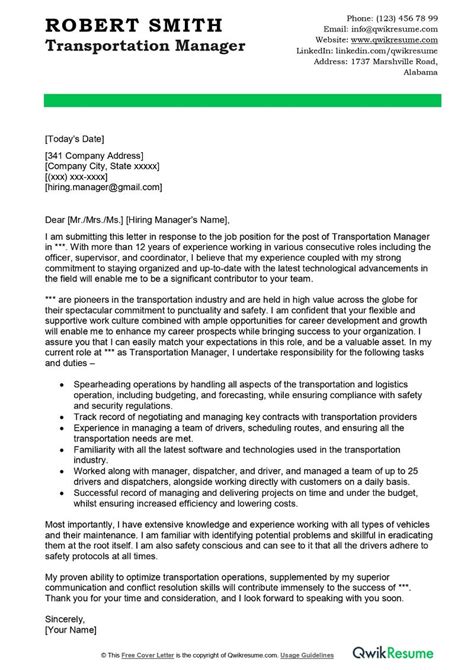 transportation manager cover letter examples qwikresume
