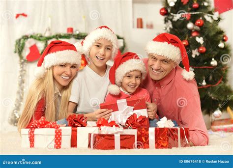 family celebrating  year stock photo image  children gifts