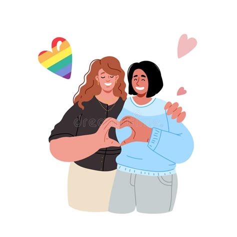 lesbian couple hugging making heart with hands vector flat illustration