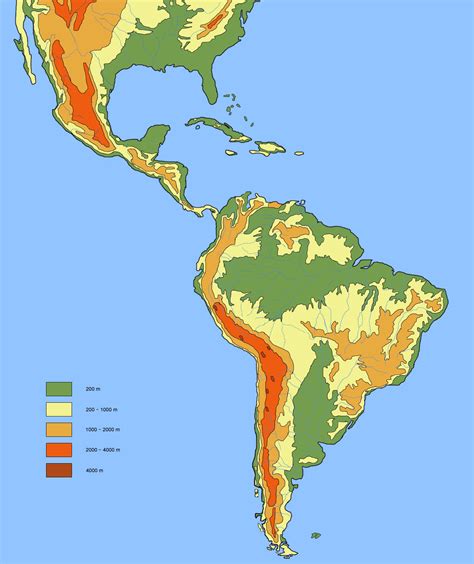 large detailed physical  hydrographic map  latin america latin