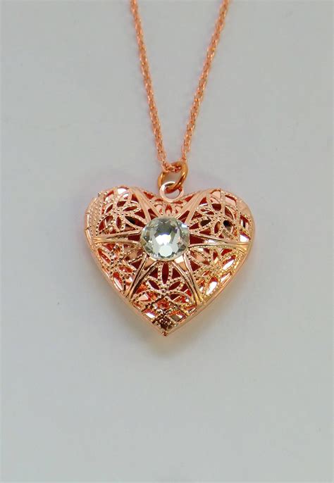 sale rose gold heart locket necklace vintage style filigree  crystal heart necklace gifts