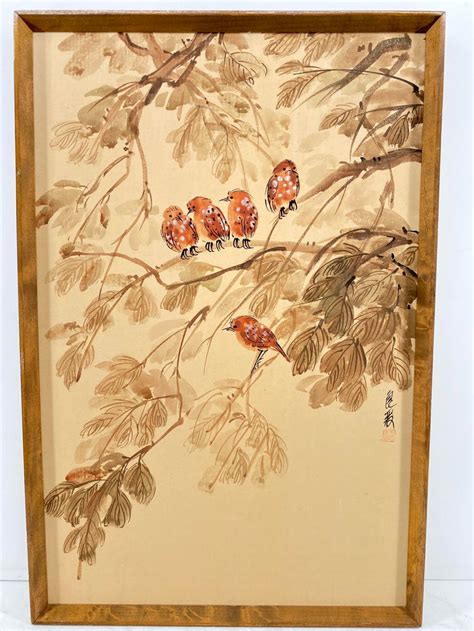 lot japanese silk screen birds  trees painting
