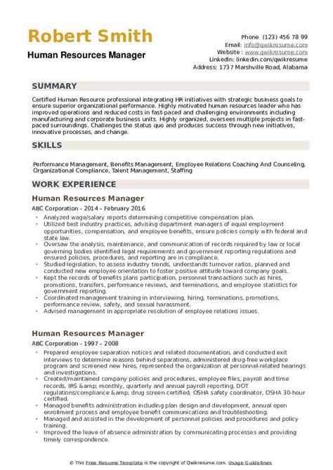 human resources manager resume samples qwikresume