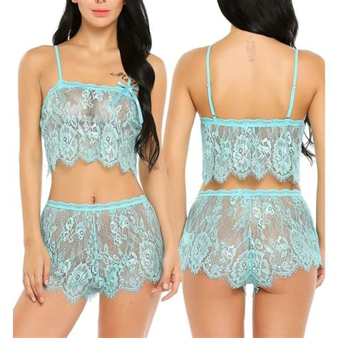 women sexy lingerie sheer cami and short pajamas set lace