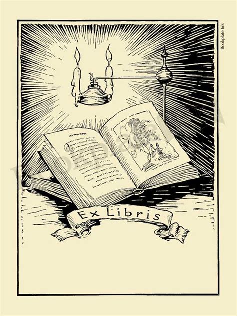 a106 bookplate with open book candles and ex libris wording bookplate ink