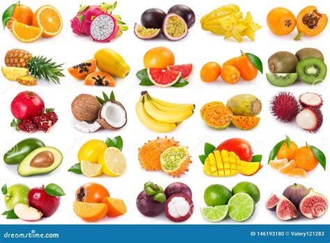 inzameling van exotische vruchten op witte achtergrond stock foto image  kalk collage