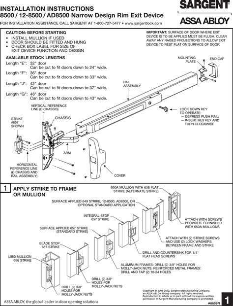 sargent  series narrow design rim type exit device installation instructions