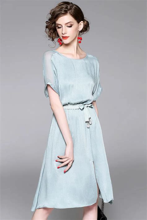 fashion womens elegant silk dresses short sleeves knee length