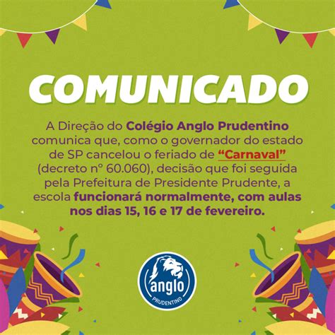 comunicado sobre  feriado de carnaval colegio anglo prudentino