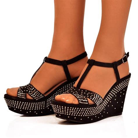 ladies size uk  black sparkly strappy chunky sole platform wedges