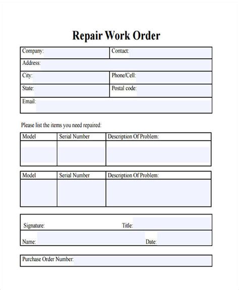 vehicle repair order template hq printable documents