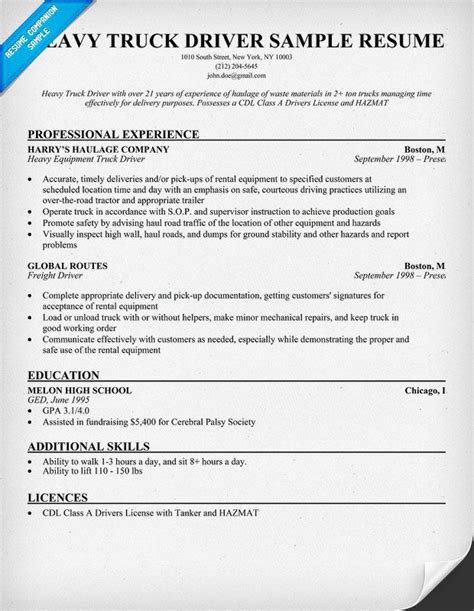 heavy truck driver resume resumecompanioncom resume pinterest