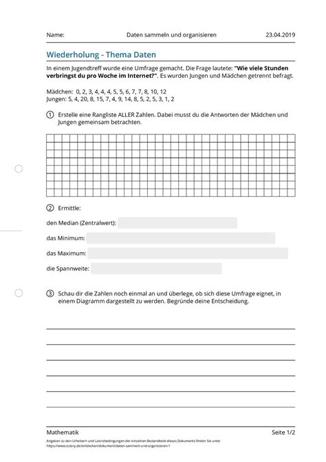 arbeitsblatt daten sammeln und organisieren mathematik mittlere reife tutoryde