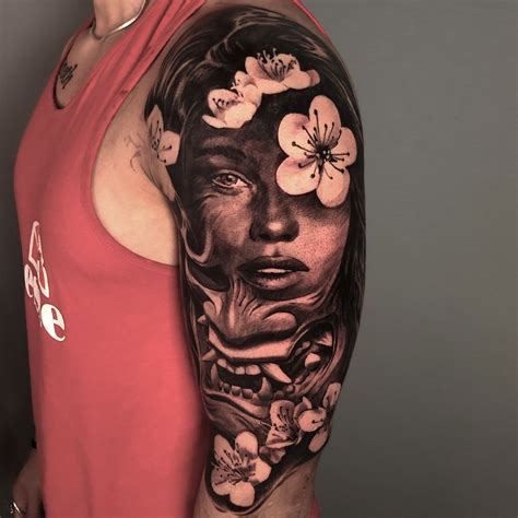 hannya mask woman portrait tattoo sleeve girl back tattoos sleeve