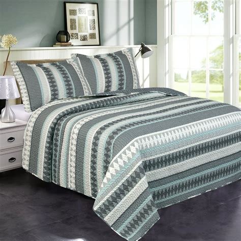 stripe grey green  piece quilt bedding set king sizebedspread lightweightdecorative