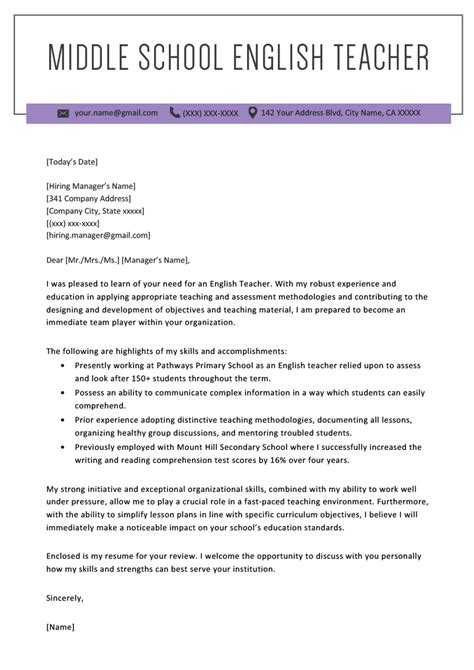 Teacher Cover Letter Example And Writing Tips Resume